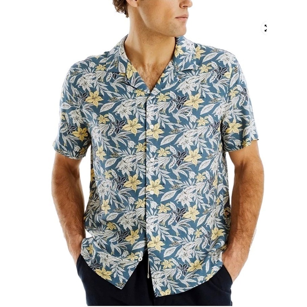 Nautica Men's Floral Button-Up Camp Shirt Size XXL Blue Short Sleeve Linen EUC